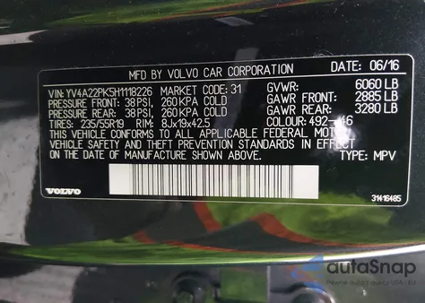 2017 Volvo Xc90 T6 Momentum из США, поврежденный, VIN YV4A22PK5H1118226